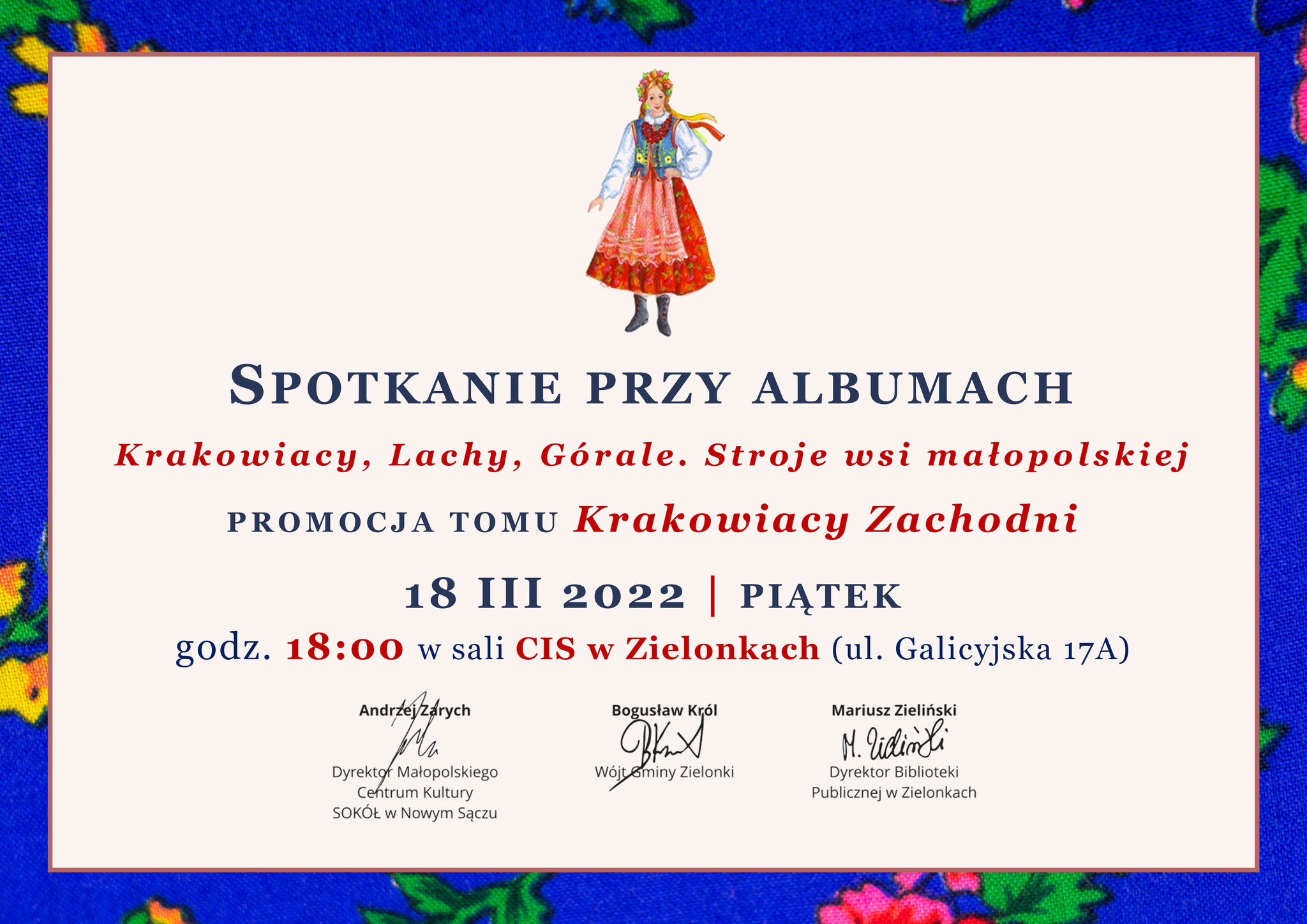 Zaproszenie na spotkanie promujące albumy, tekst poprzedza grafika krakowianki